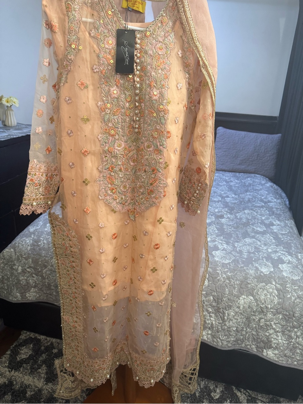 Embroidered Peach Women’s Dress with Scarf